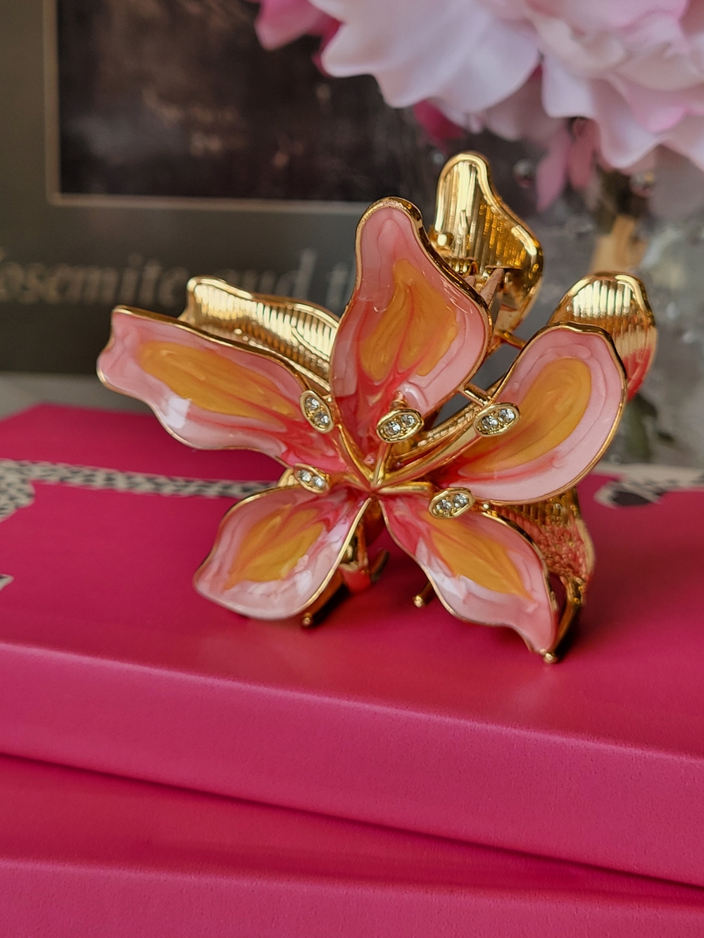 Pink & Yellow Enamel Flower Hair Clip
